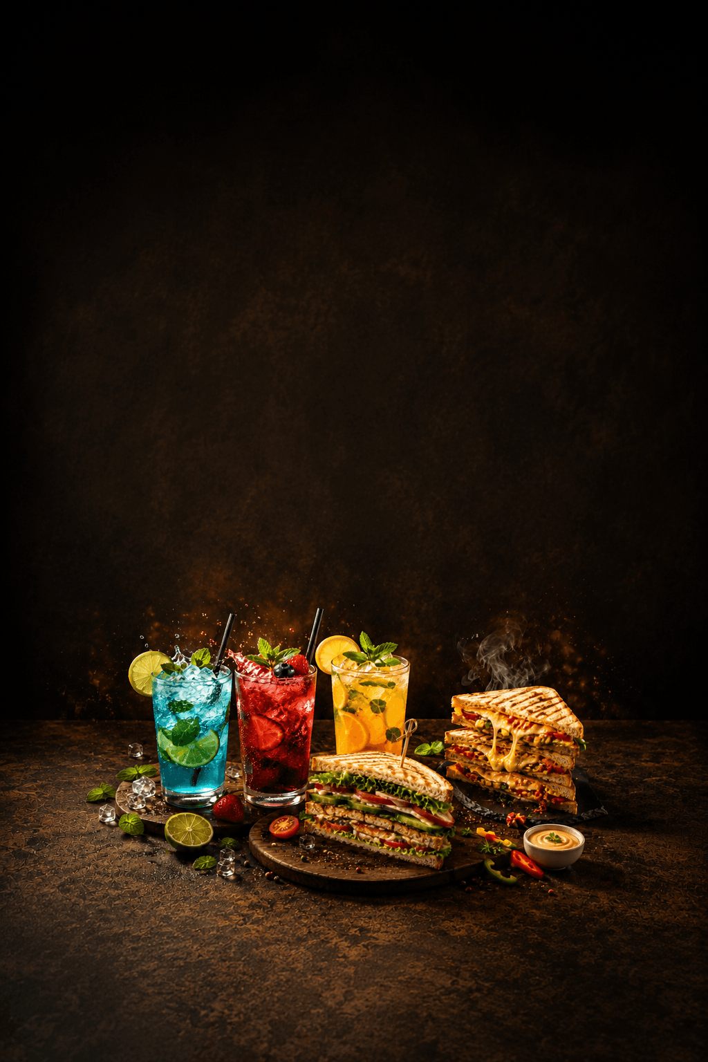 Loaded sandwich and drinks
